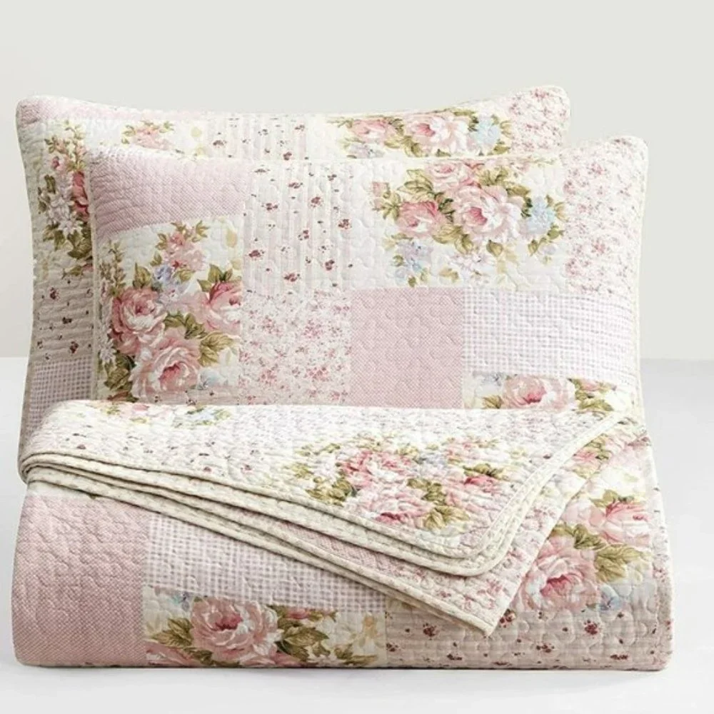 🍁🍁🍁🍂🍂🍂Pre-Washed Cotton Quilt Set - Rosy Pink Chic Floral Bedding Coverlet